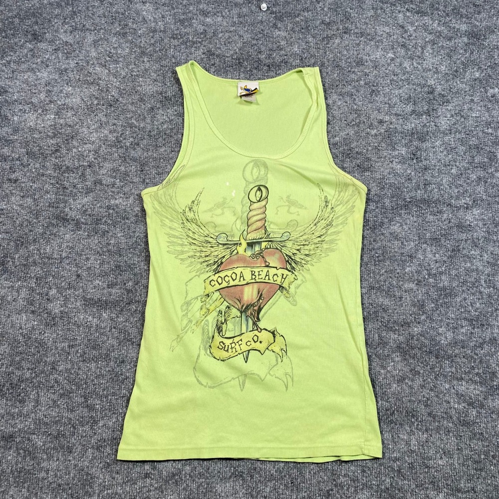 Cocoa Beach Surf Co Womens XL Lime Green Ribbed Tattoo Graphic Tank Top USA Made